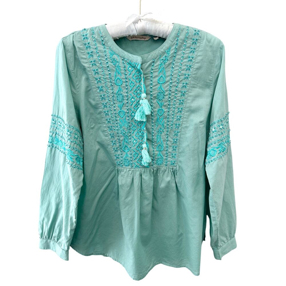 SOFT SURROUNDINGS Teal Embroidered Boho Peasant Top Tassel Cotton Blouse Medium